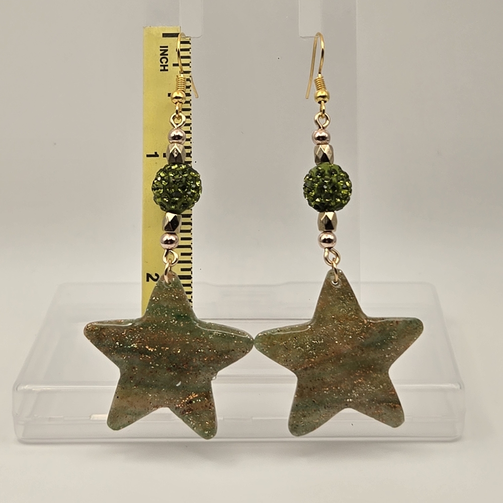 #B165  Gold and Green Star Drop Earrings - Picture 2 of 4